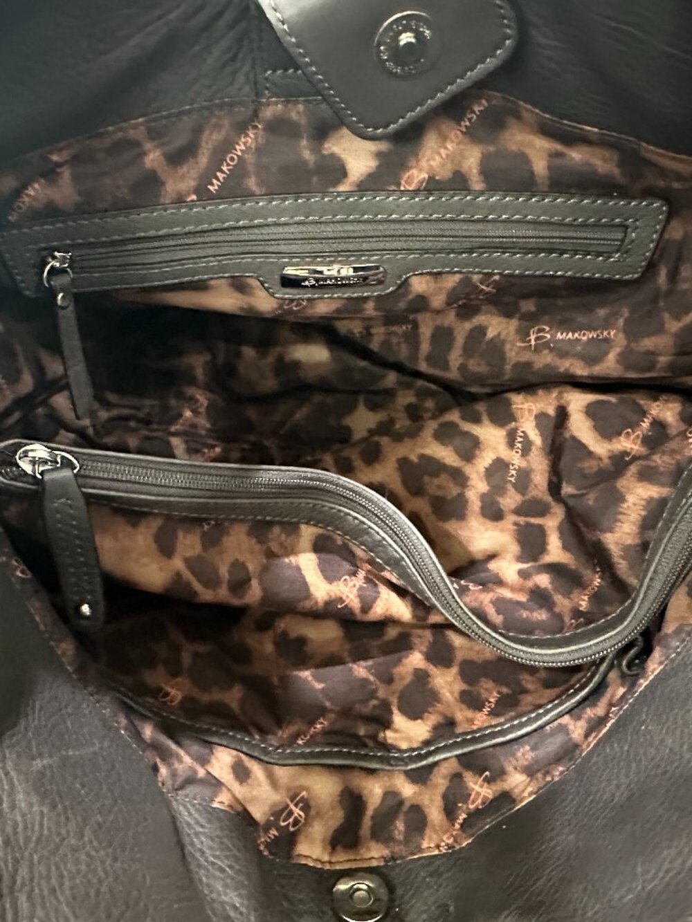 B. Makowsky Y2K Black Pebbled Leather Satchel Shoulder Bag Leopard Lining - Picture 8 of 9